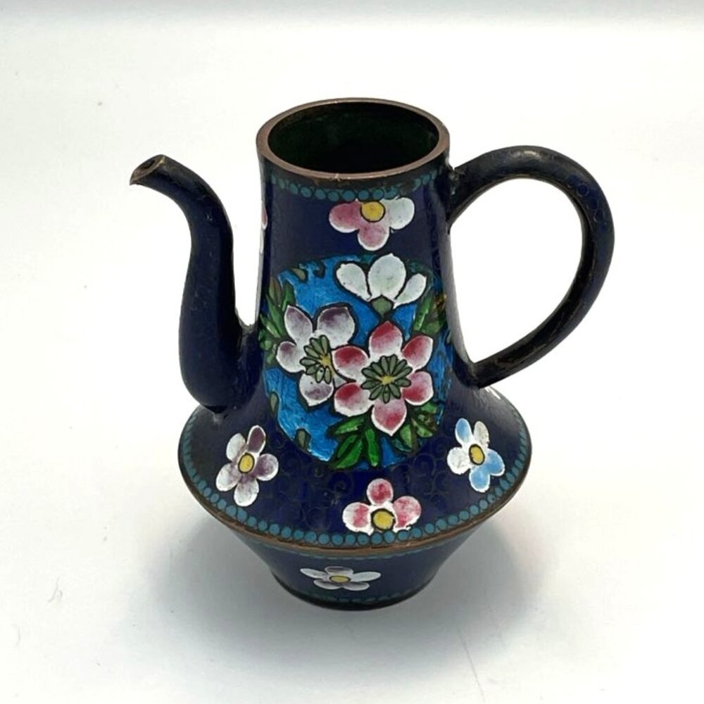 Vintage Metal Blue Enamel Teapot Creamer Pitcher Vase No Lid Floral